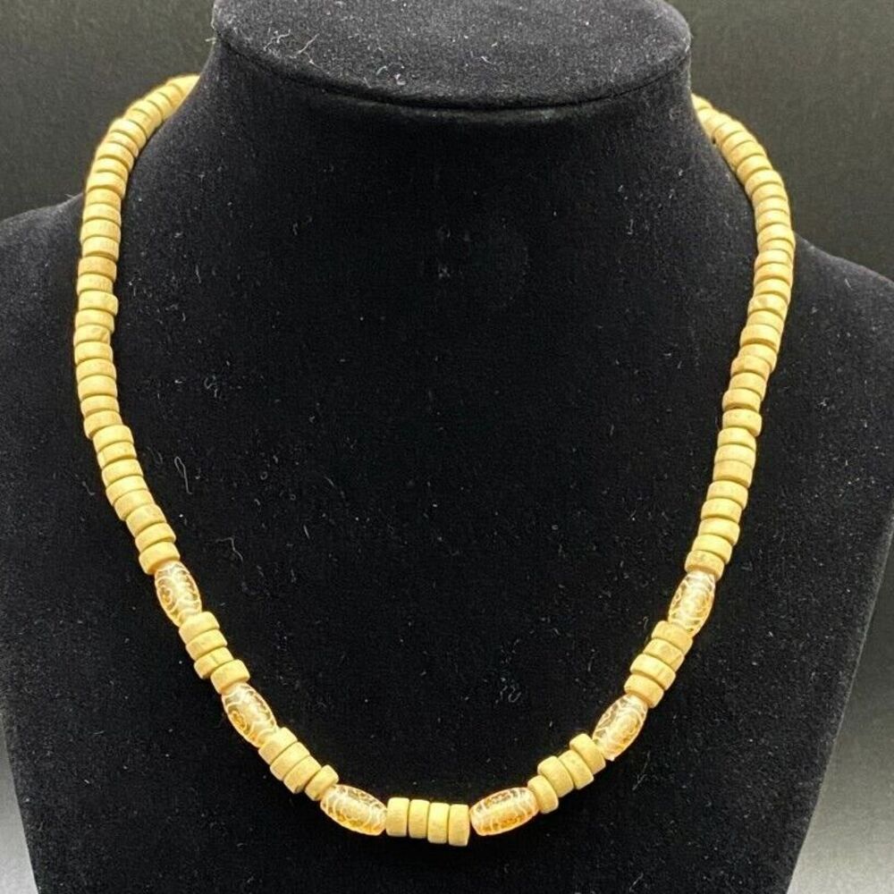 Wood and Plastic Carved With Flower Motif Bead Necklace
